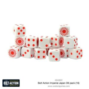 Set of 16 Imperial Japan D6 dice for Bolt Action tabletop gaming, featuring a vibrant design.