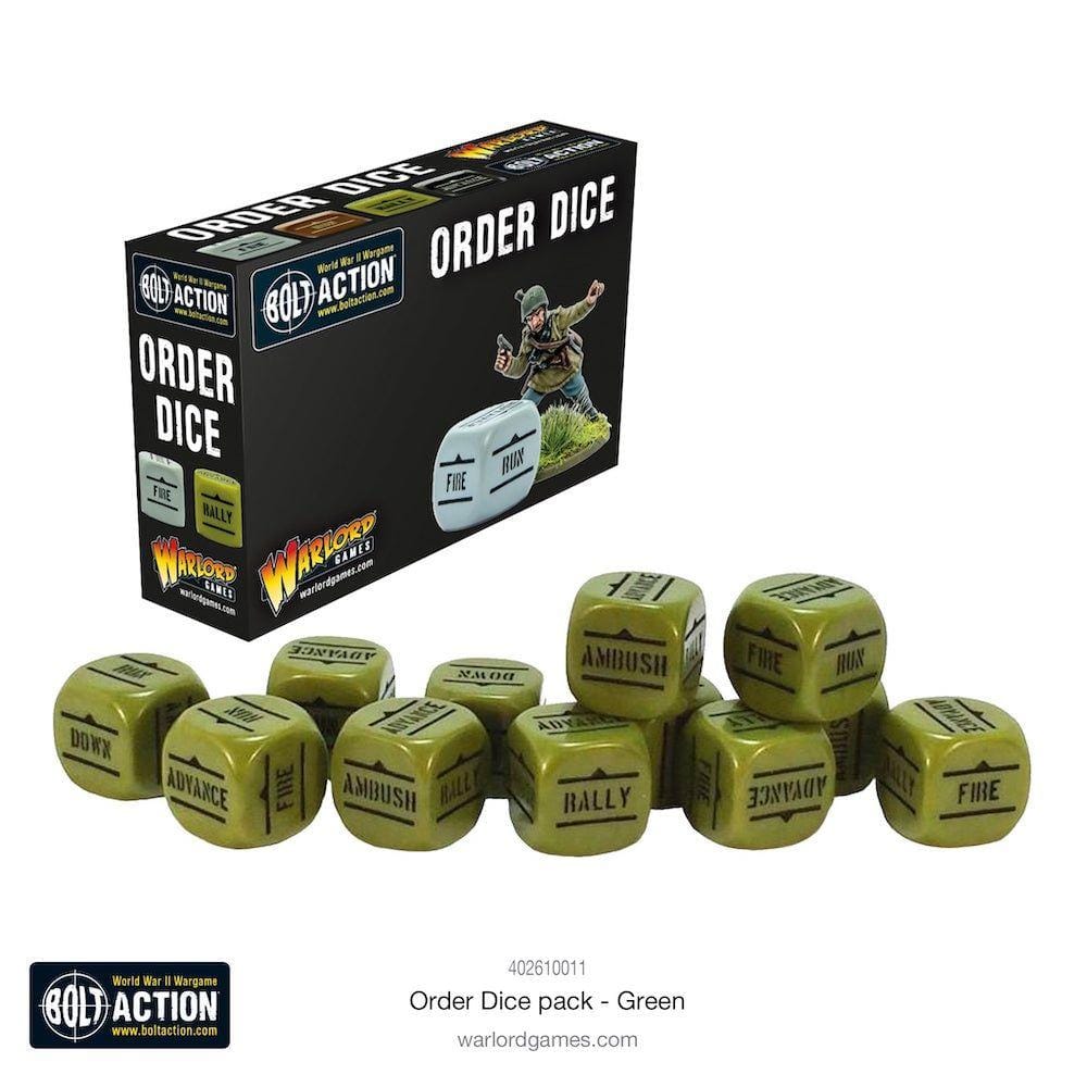 Green Order Dice for Bolt Action, featuring essential tactical commands for strategic gameplay.