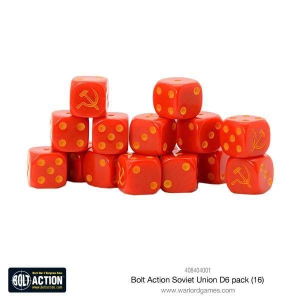 Vibrant Soviet red D6 dice set for Bolt Action games, featuring yellow pips and emblem.