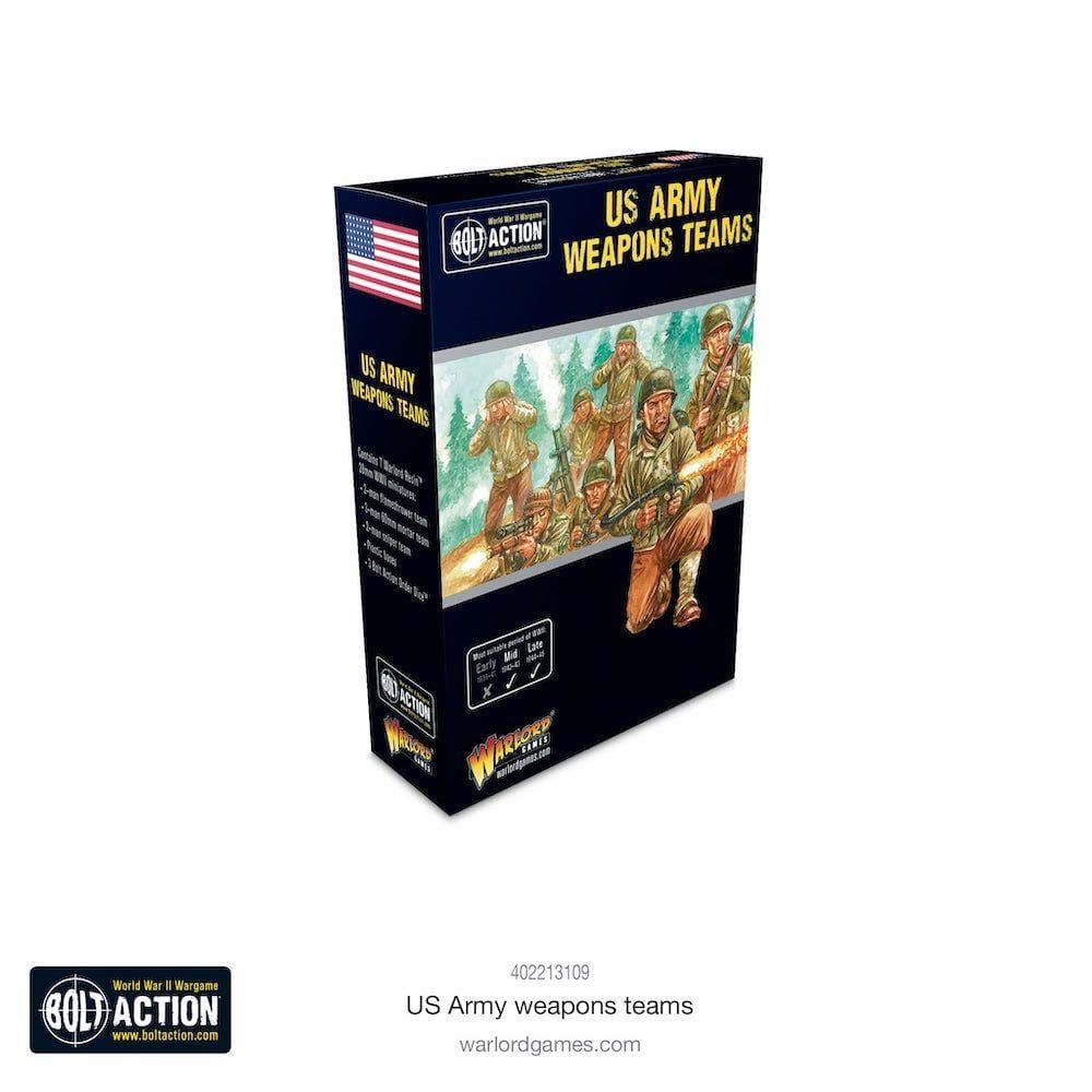 Bolt Action: US Army Weapons Teams box art showcases dynamic WWII combat with U.S. soldiers.