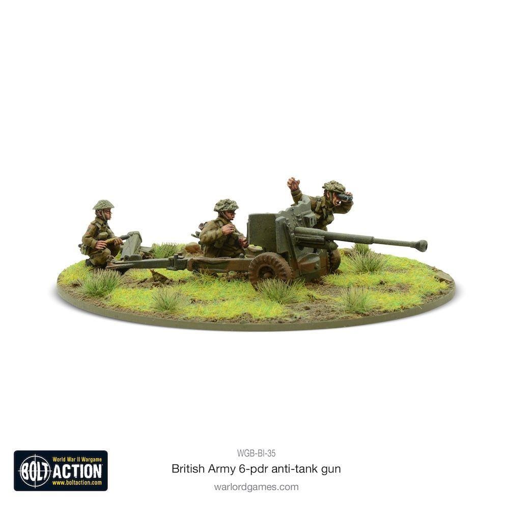 British Army 6-pounder anti-tank gun diorama with soldiers capturing WWII battlefield action.
