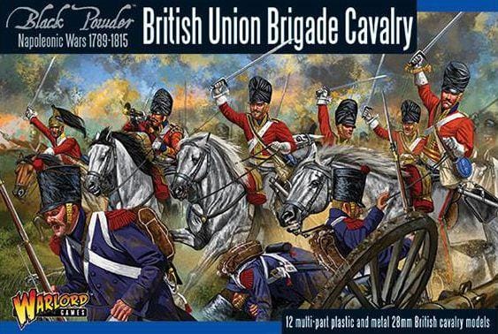 British Union Brigade Cavalry model kit art featuring dynamic soldiers and horses from the Napoleonic Wars.