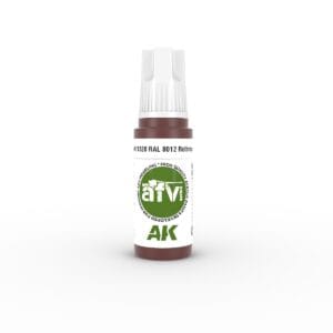 Cylindrical brown paint bottle with green AK logo, RAL 8012 shade code for artists.