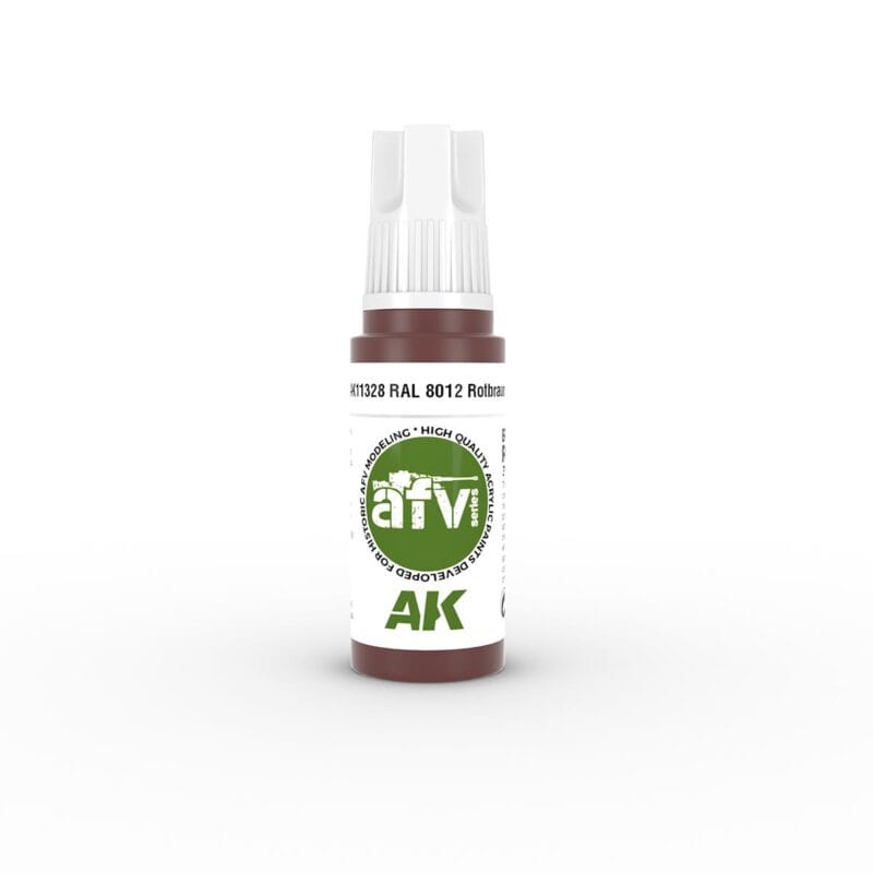 Cylindrical brown paint bottle with green AK logo, RAL 8012 shade code for artists.
