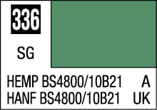 Muted green color sample card for hemp materials, labeled SG with BS4800 reference.