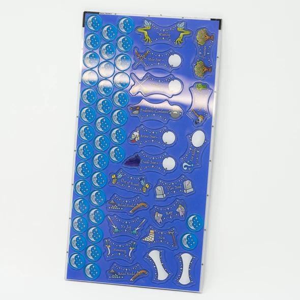 Vibrant blue sticker sheet with whimsical designs, including moons, fish, and playful characters.