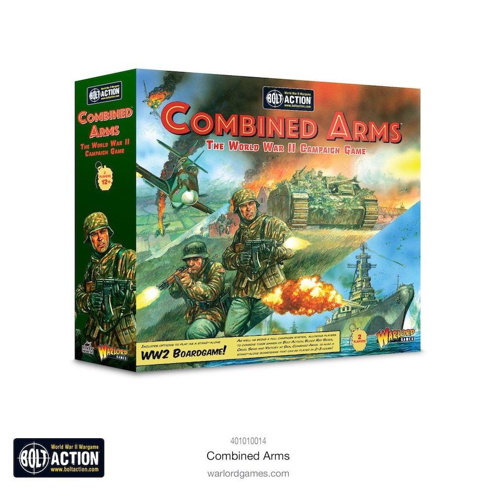 Explore tactical WWII battles with Combined Arms board game, featuring dynamic soldier and vehicle artwork.