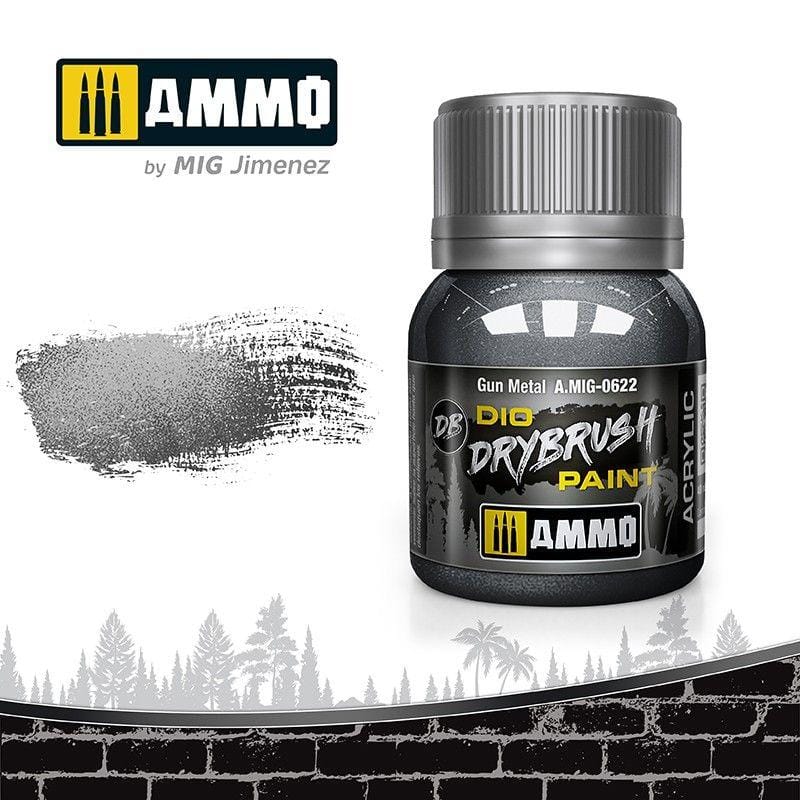 Gunmetal Gray Drybrush Paint by AMMO, perfect for realistic metallic finishes in model painting.