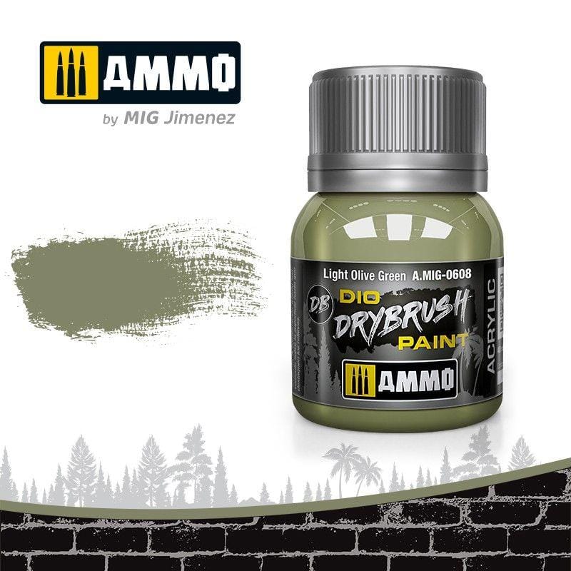 Light Olive Green Drybrush Paint by AMMO, perfect for realistic details in model painting.