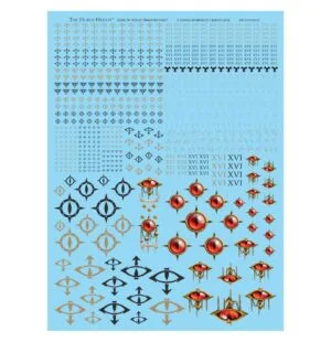 Colorful eye motifs and geometric patterns on a vibrant blue background for creative design.
