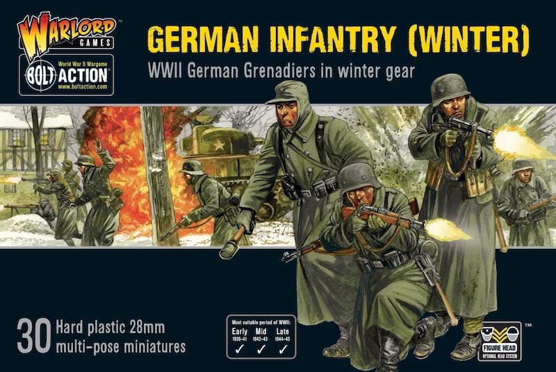 Winter German Infantry miniatures for Bolt Action: dynamic WWII combat poses and historical accuracy.