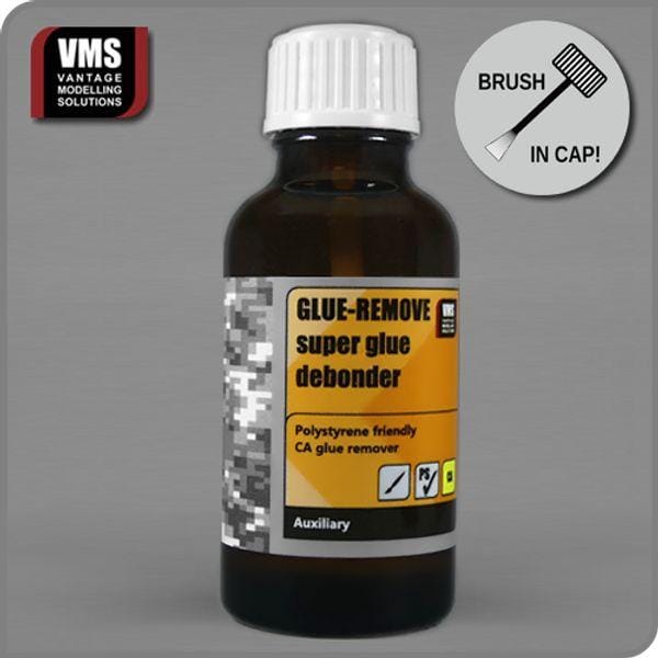 Effective super glue debonder with brush applicator, safe for polystyrene materials.