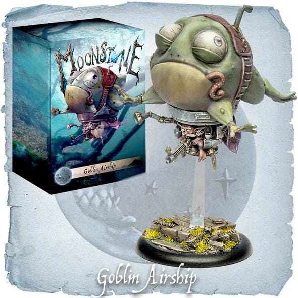 Playful goblin airship collectible with steampunk elements, floating on a vibrant rocky base.