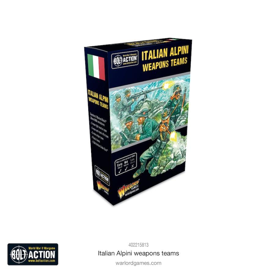 Italian Alpini WWII miniatures set featuring elite troops in action with dynamic artwork.