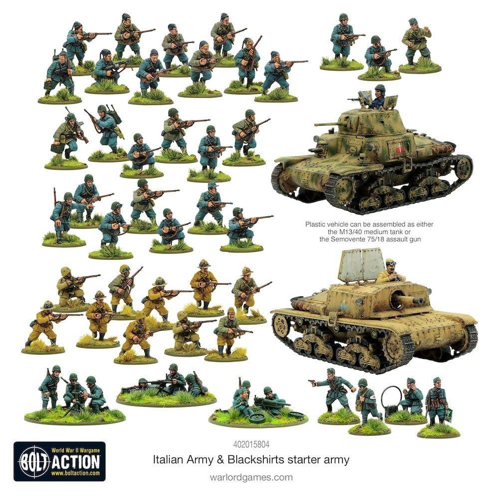 Italian Army and Blackshirts Miniature Starter Set for Bolt Action wargaming with 30 detailed figures.