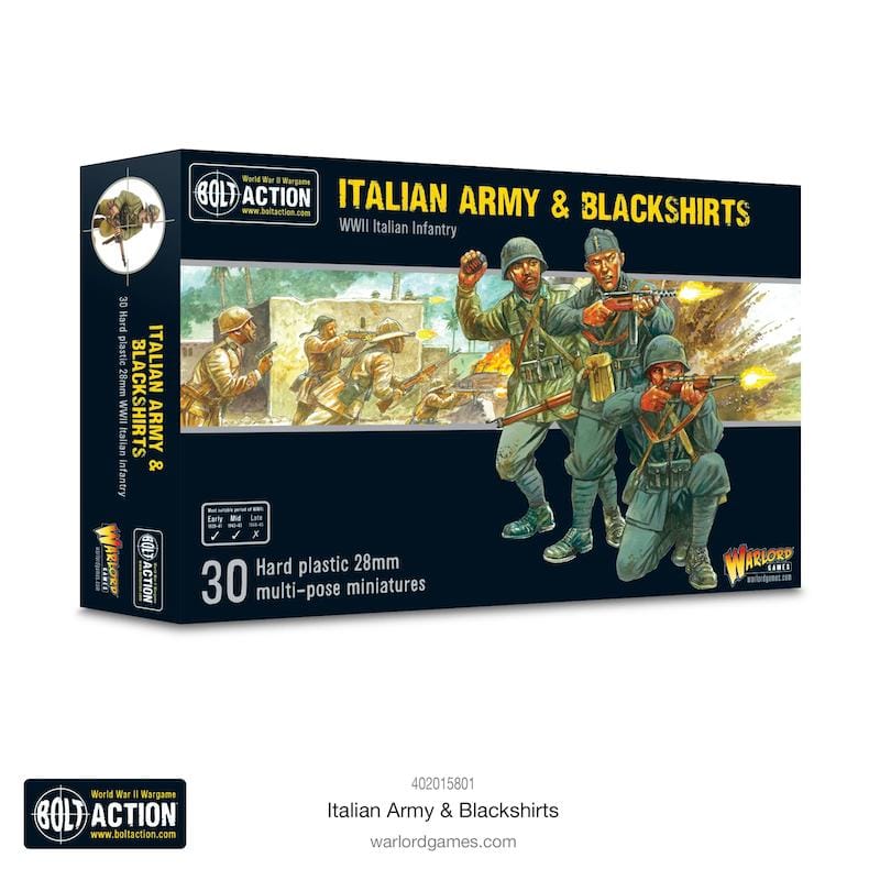 Italian Army & Blackshirts miniatures set for Bolt Action, featuring 30 detailed, customizable figures.