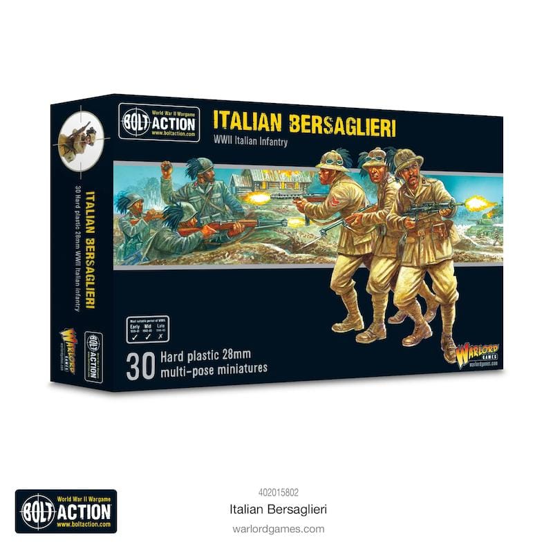 Italian Bersaglieri miniature set for Bolt Action, featuring 30 customizable WWII miniatures.
