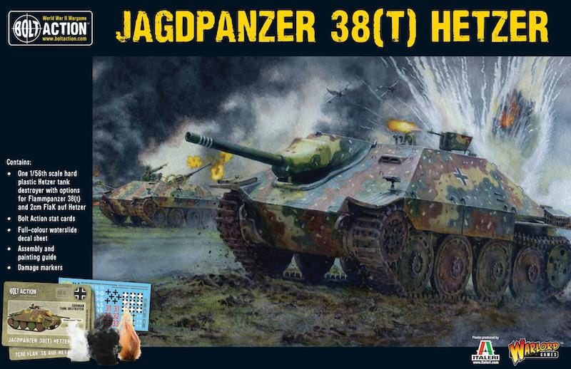 Jagdpanzer 38(t) Hetzer model kit box art showcasing dynamic battlefield action and stealth design.