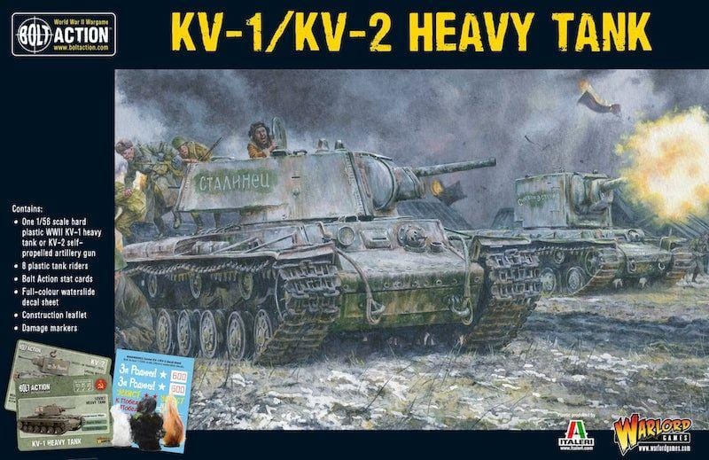 KV-1 and KV-2 tank model kit box art showcasing detailed military design in a dramatic battlefield setting.