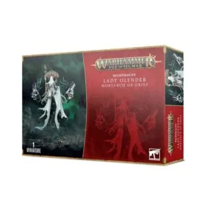 Lady Olynder miniature figure packaging from Warhammer, featuring haunting artwork and intricate design.