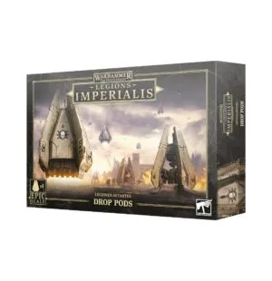 Warhammer Legions Imperialis: Epic Drop Pods box art showcases dramatic futuristic warfare and advanced technology.