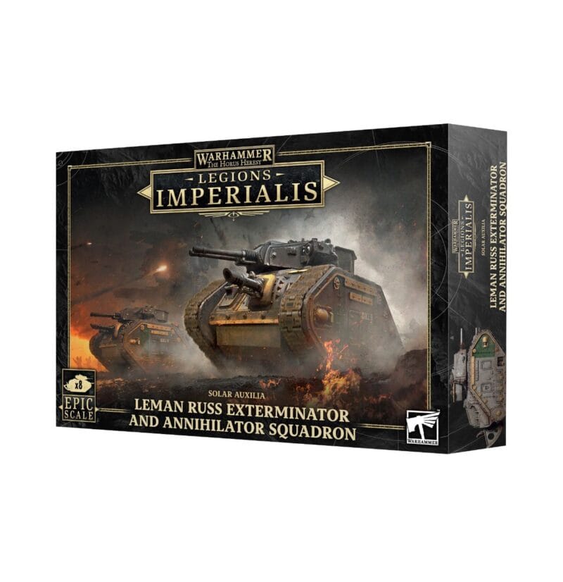 Leman Russ Exterminator model kit, featuring dynamic artwork from Warhammer 40,000s armored conflict.