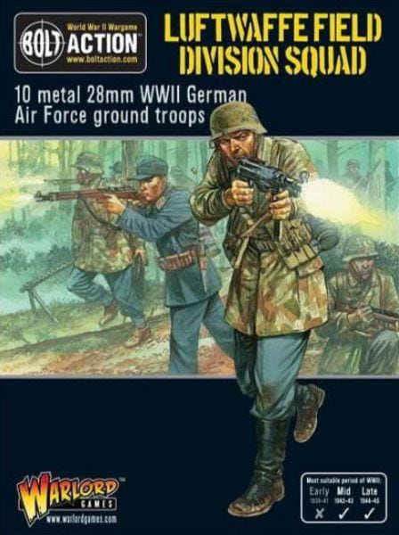 Luftwaffe Field Division miniatures set for Bolt Action, featuring detailed WWII German soldiers in action.