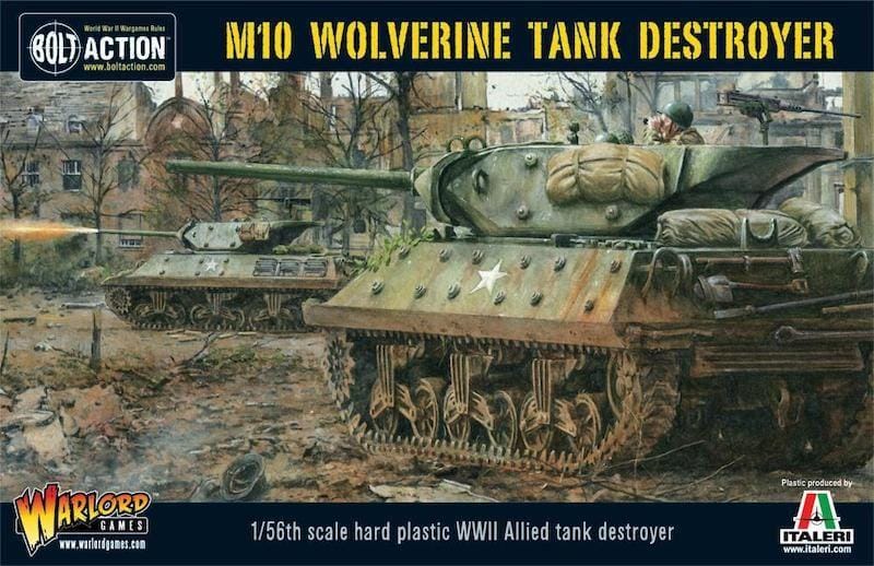 M10 Wolverine Tank Destroyer model kit set in a dramatic World War II battlefield scene.