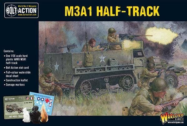 M3A1 Half-Track model kit: dynamic WWII battlefield scene with soldiers and combat action.