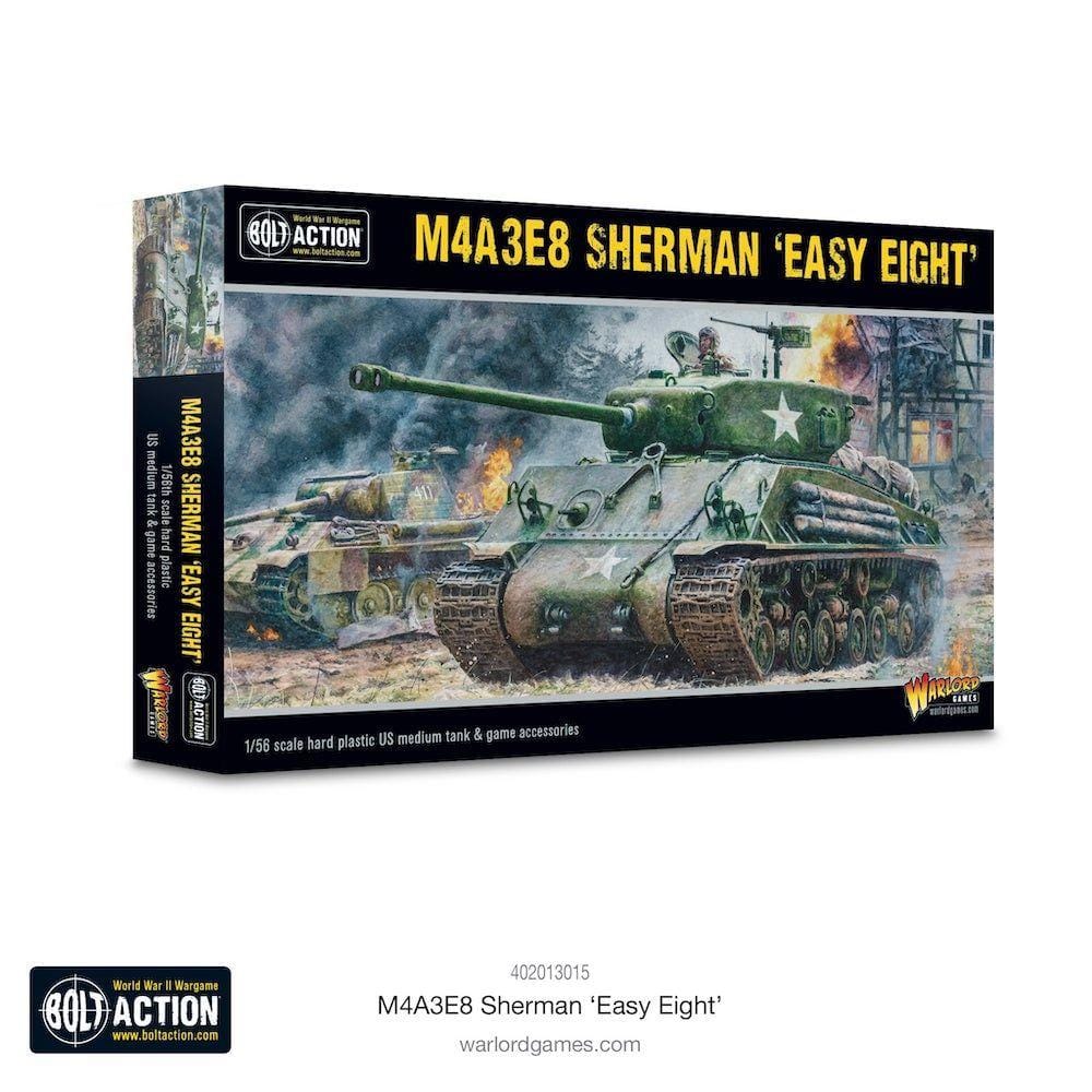 M4A3E8 Sherman tank model kit ready for wargaming enthusiasts with detailed components for assembly.