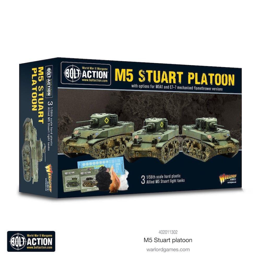 M5 Stuart Platoon model kit features three detailed WWII tank models for tabletop gaming enthusiasts.
