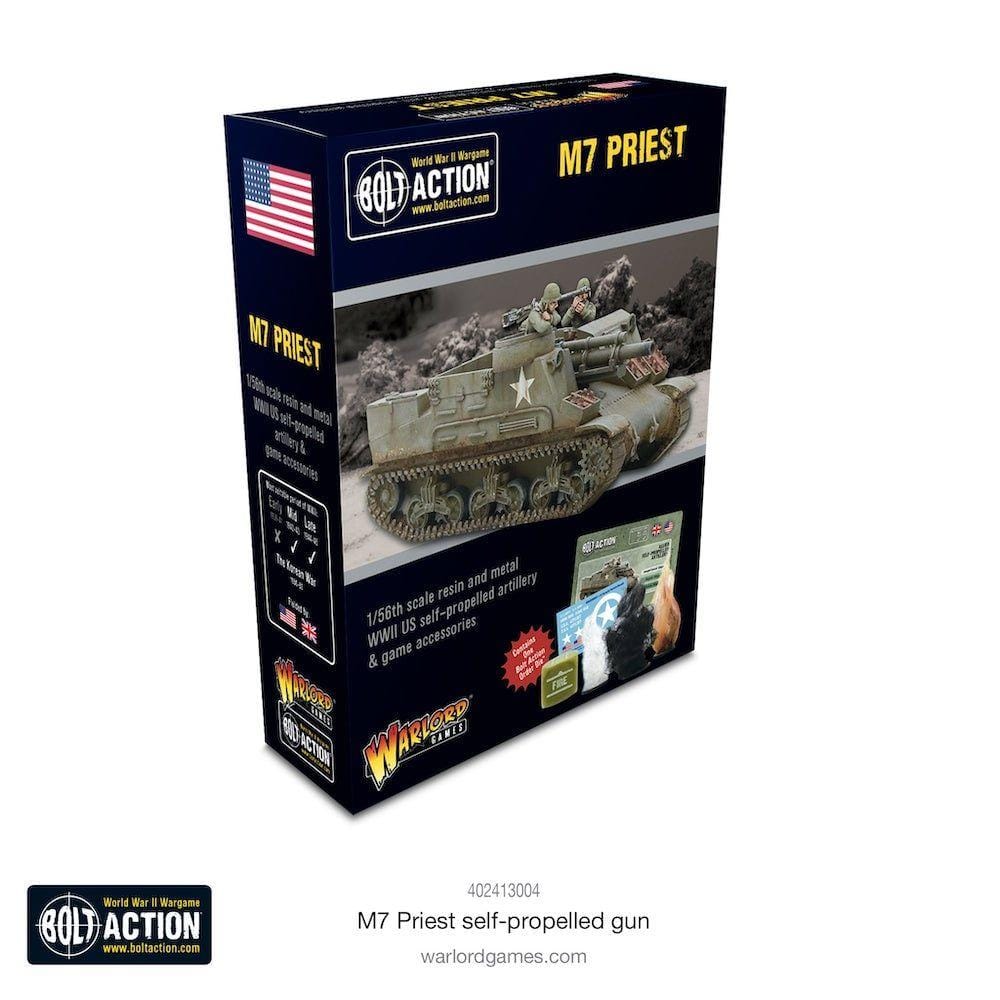 M7 Priest model box art: bold design for wargaming enthusiasts and historical model collectors.