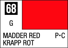 Vibrant Madder Red color swatch 68 with name and translation, emphasizing historical dye significance.