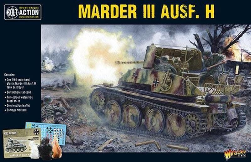 Marder III Ausf. H model kit box art featuring WWII anti-tank gun in dramatic action scene.