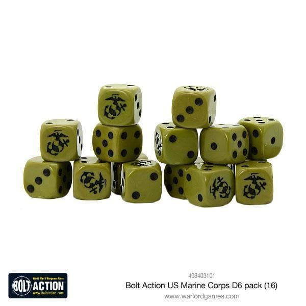 Military-themed olive green dice collection for U.S. Marine Corps tabletop gaming enthusiasts.