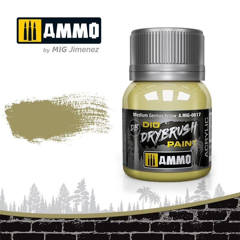 Medium German Khaki dry brush paint in a stylish jar by AMMO for model detailing.