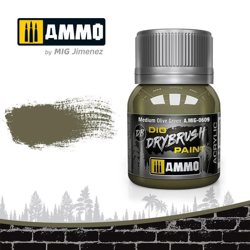 Medium olive green drybrush paint in sleek Ammo bottle, perfect for model painting and dioramas.