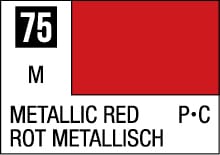 Vibrant metallic red color sample card with code 75, labeled METALLIC RED and ROT METALLISCH.