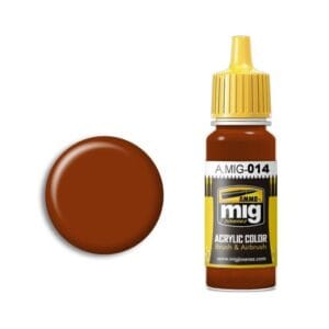 MIG Acrylic Paint 014: Rich brown color for artists with vibrant yellow cap and glossy finish.