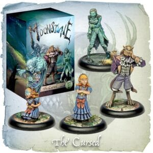 Vibrant miniatures from Moonstone: The Cursed showcase unique characters in an adventure-themed setting.