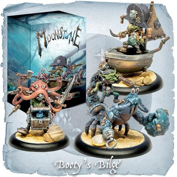 Playful pirate miniatures from Moonstone: octopus treasure, pirate in boat, and mechanical crab.
