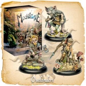 Moonstone Outlanders figurines showcase unique fantasy characters in a vibrant, adventurous display.