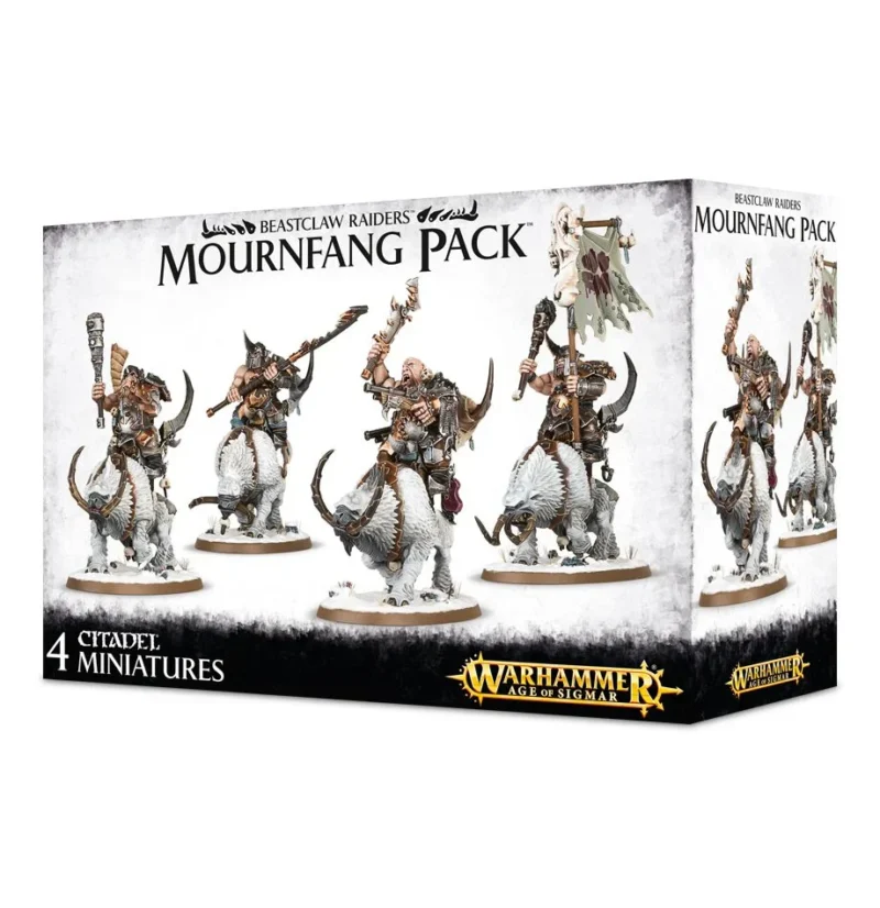 Epic Mournfang Pack set: four detailed Warhammer miniatures featuring mounted warriors and beasts.