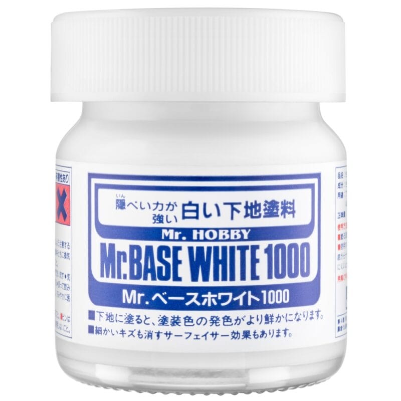 Mr. Hobby Mr.BASE White 1000 paint for models in a clear glass jar.