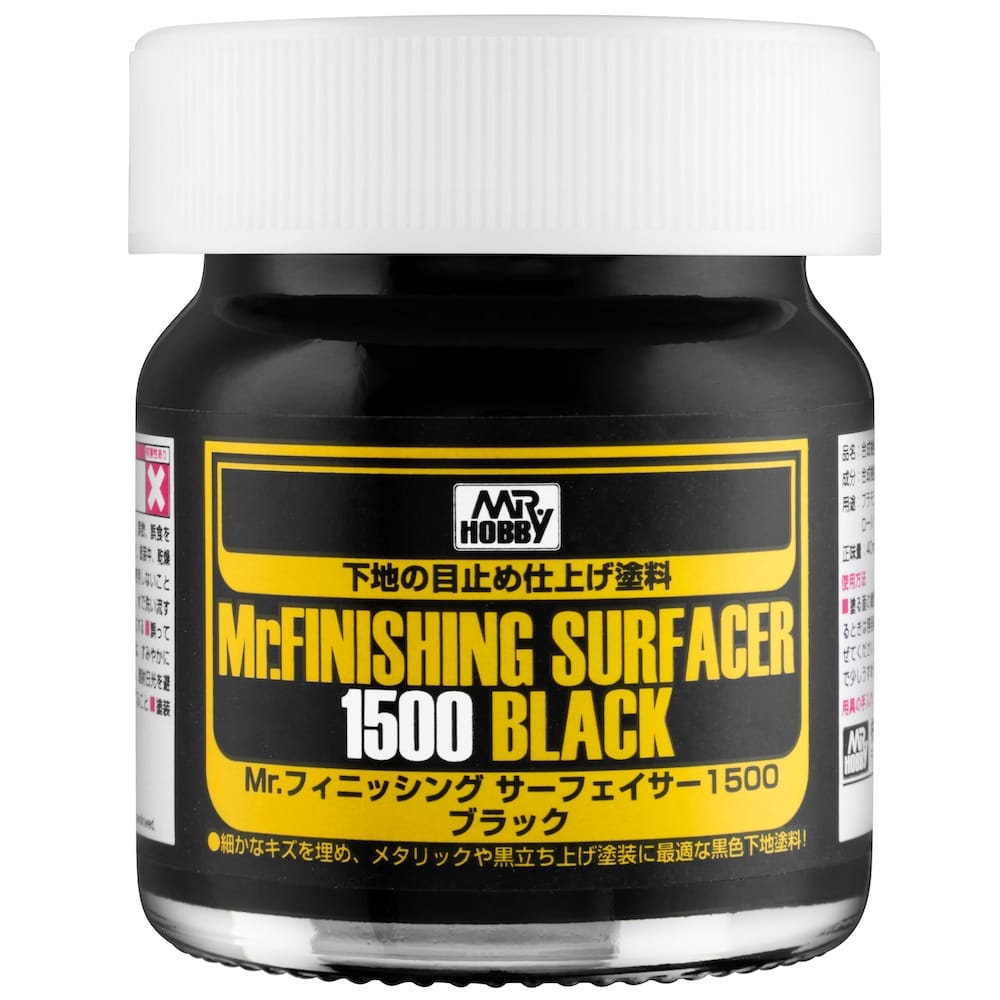 Mr. Finishing Surfacers 1500 Black paint jar for model finishing, featuring a glossy black design.