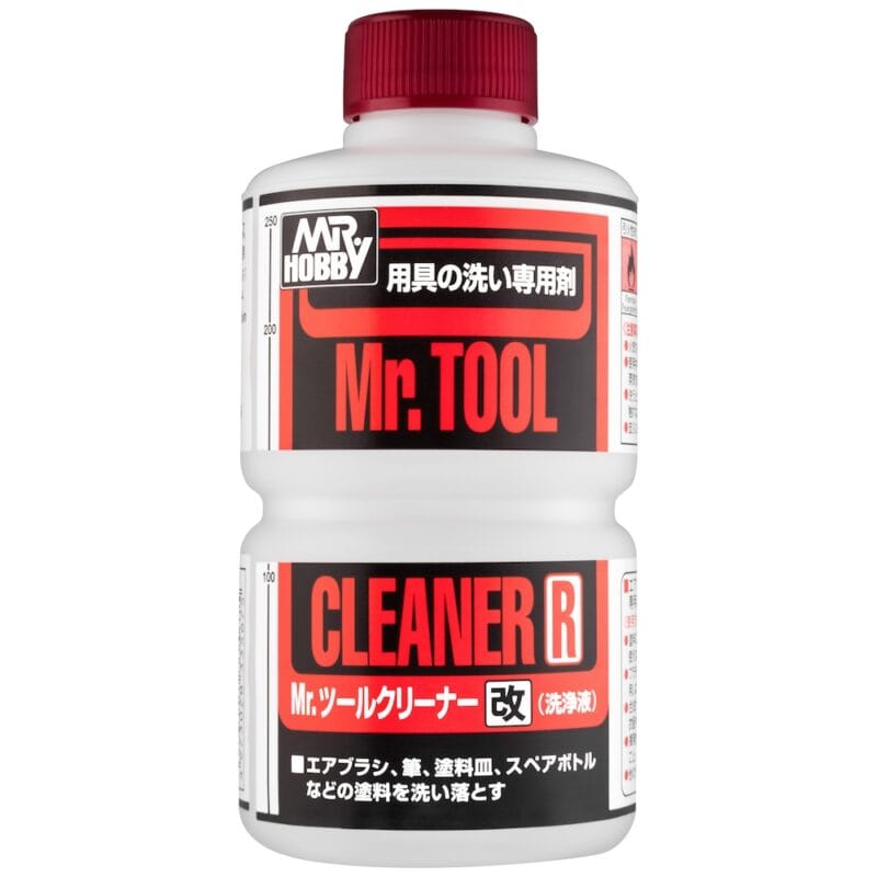 Mr. Tool Cleaner R bottle for effectively cleaning modeling tools like airbrushes and brushes.