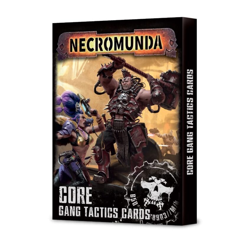 Necromunda Core Gang Tactics Cards box art features dynamic characters in a dark, dystopian setting.