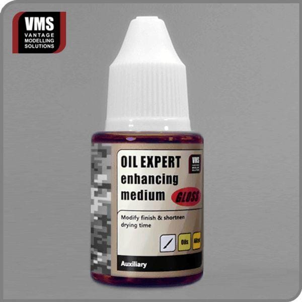 Sleek Oil Expert enhancing medium bottle for modelers, featuring purple liquid and VMS branding.