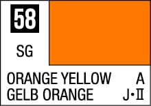 Color swatch 58: vibrant orange-yellow shade with English and German descriptions.