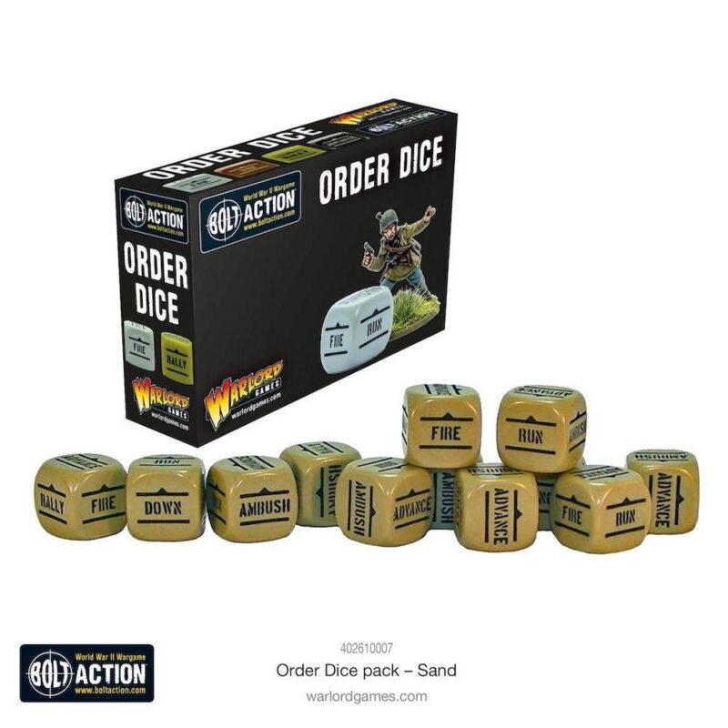 Bolt Action Order Dice Pack enhances tactical gameplay with unique, action-labeled sand-colored dice.